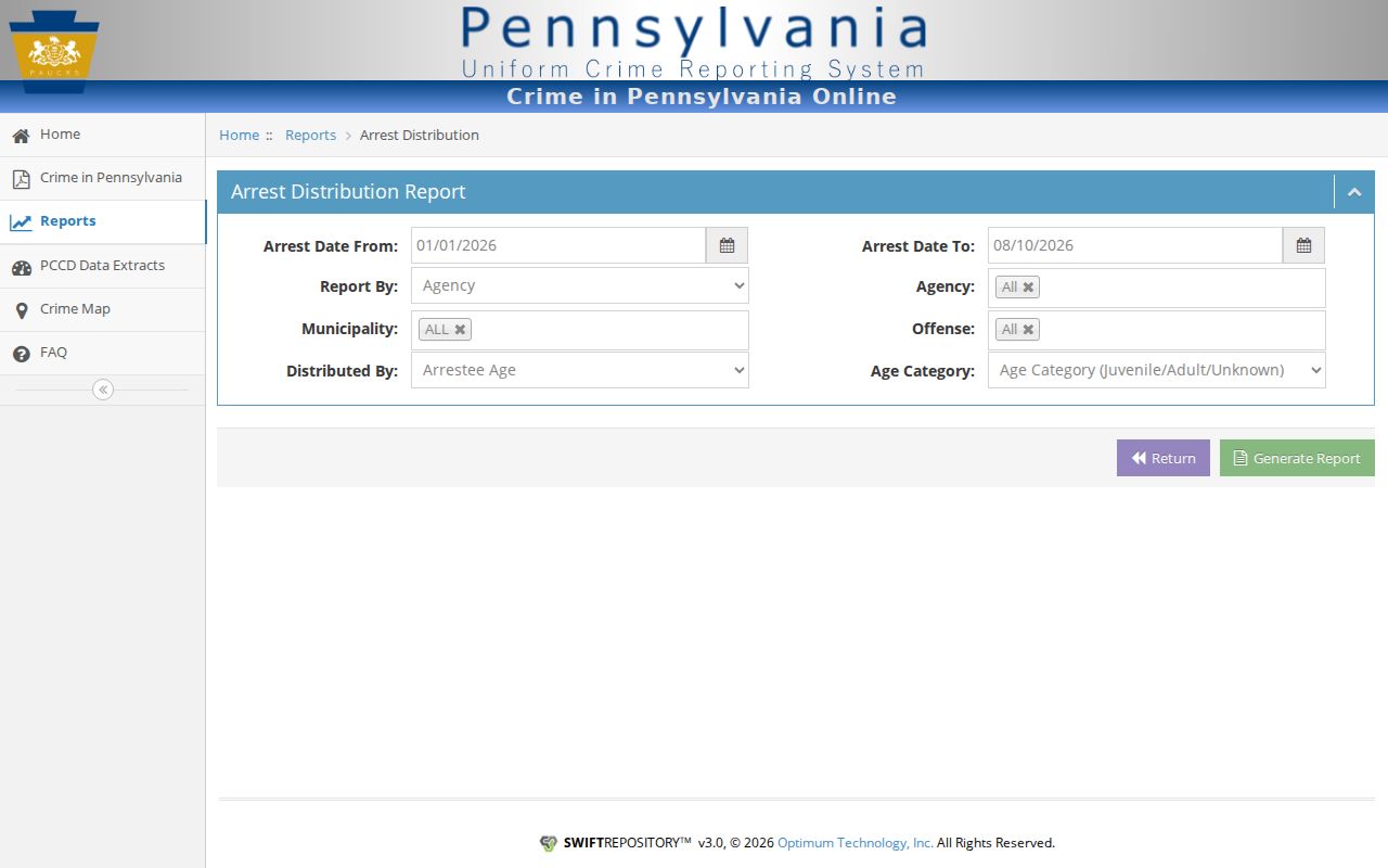 Pennsylvania arrest history PAUCRS distribution report
