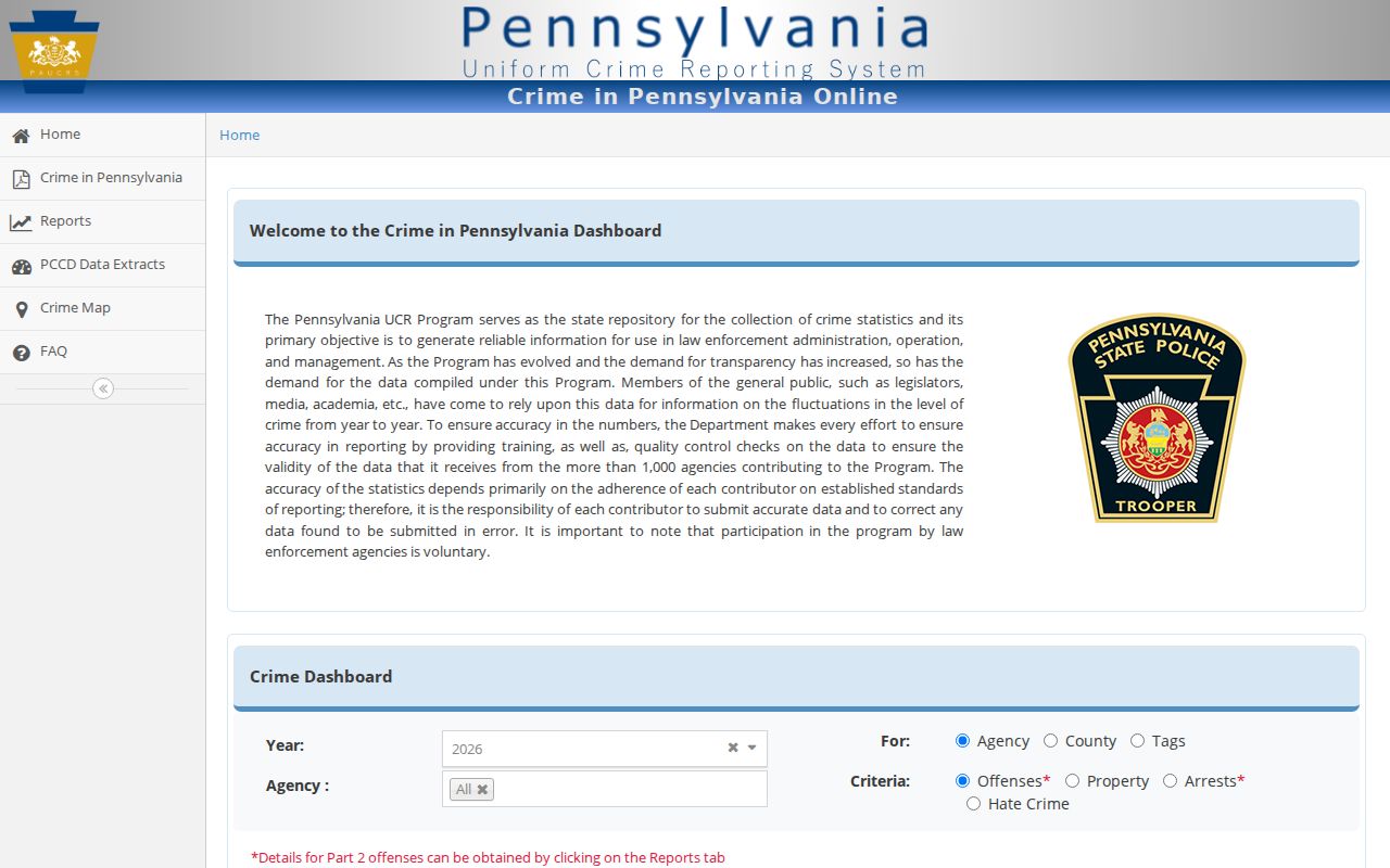 Pennsylvania arrest history UCR dashboard