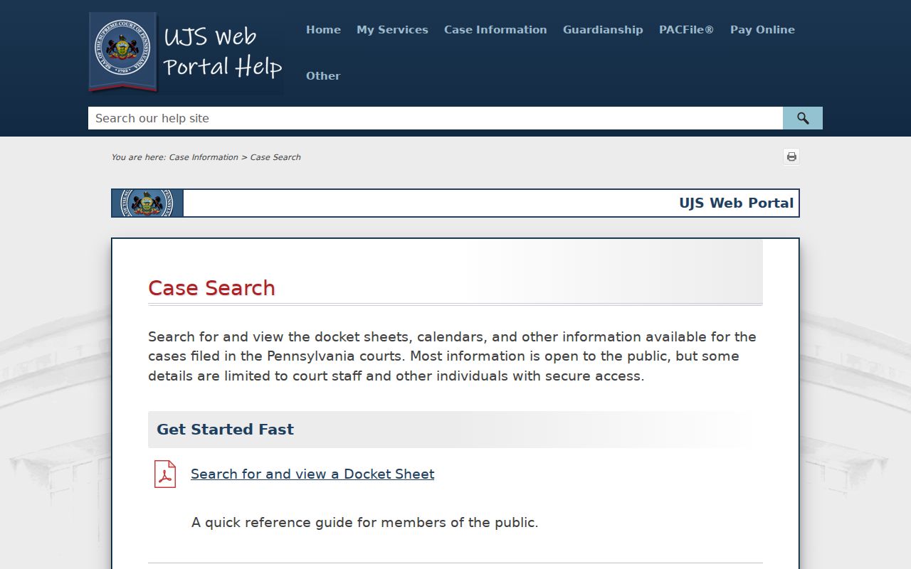Pennsylvania criminal court case search fields