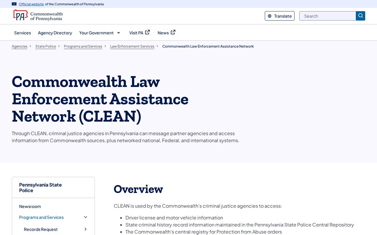 Pennsylvania State Police CLEAN restricted justice network