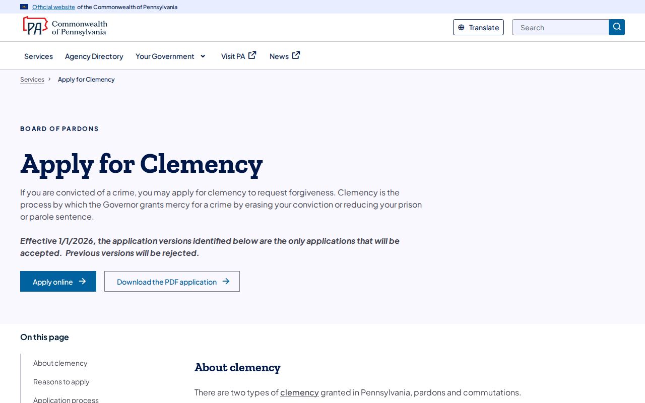 Pennsylvania criminal history clemency and pardon application