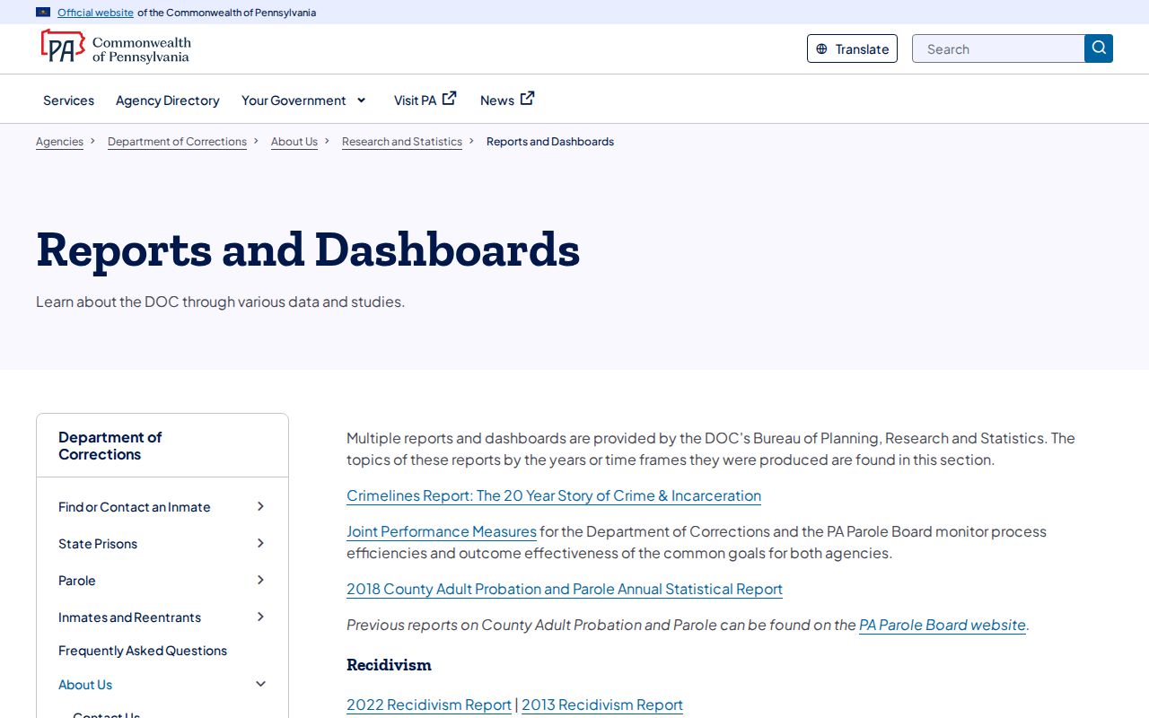 Pennsylvania criminal history PA DOC reports and dashboards