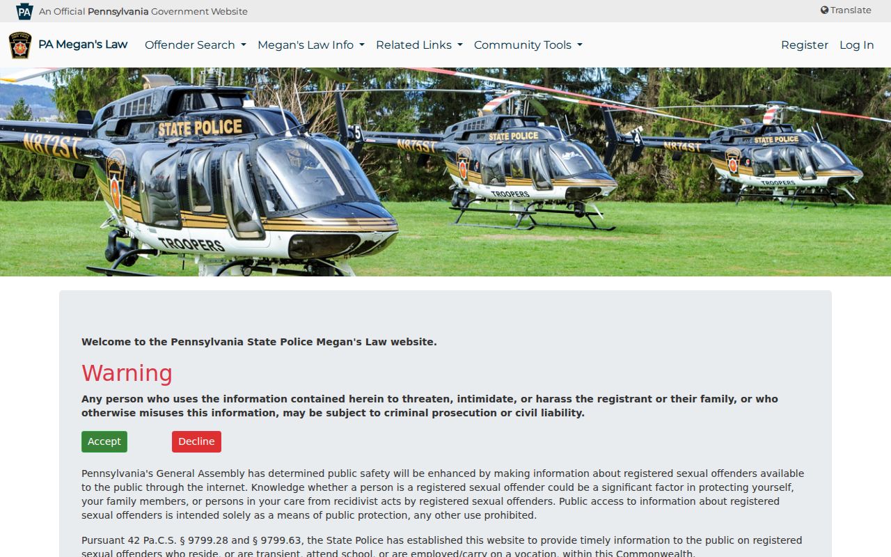Pennsylvania Megan's Law registry lawful use warning